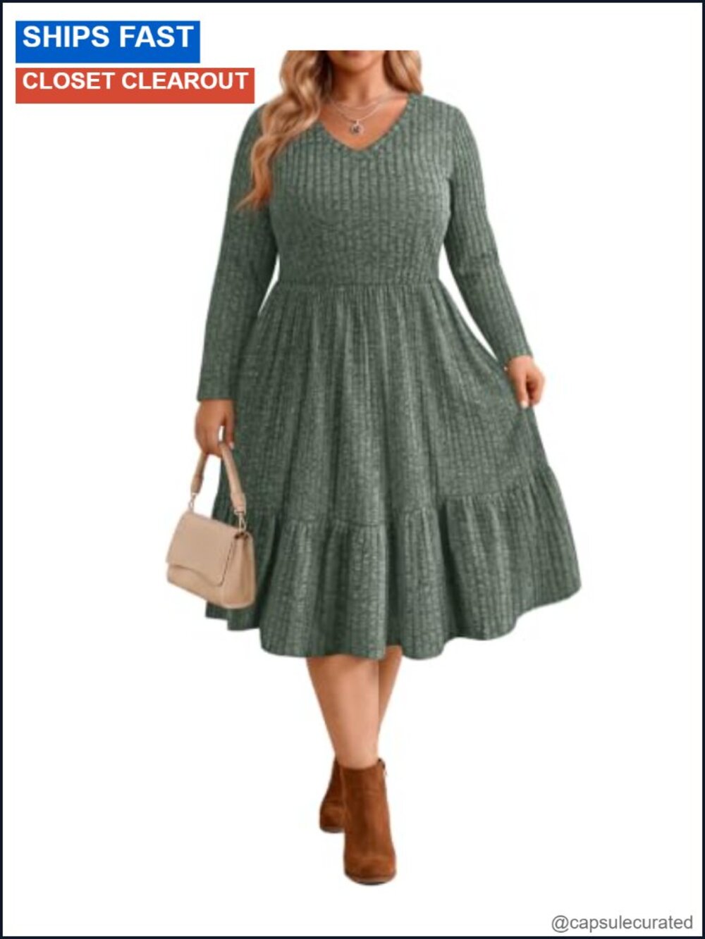 Curvy Women Dress Long Sleeve Sweater Dress with Pockets Plus Size